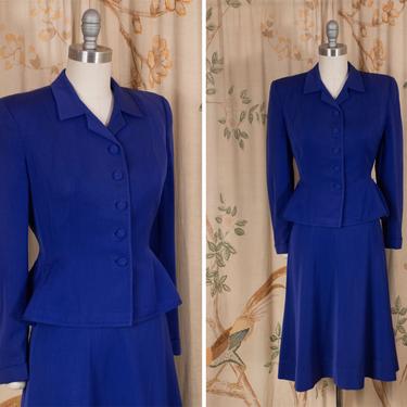 1950s Suit - Rich Cobalt Blue Gabardine Vintage Late 40s/Early 50s Ladies Suit with Tailored Waist and Flared Hips 