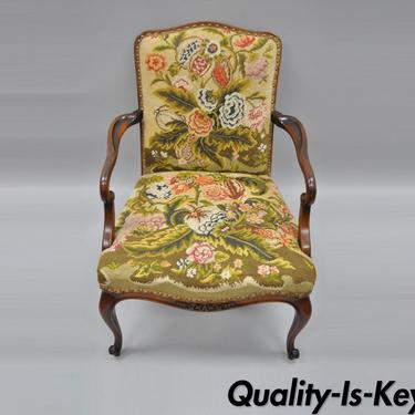Antique Floral Needlepoint Mahogany Fireside Arm Chair French Queen Anne Legs