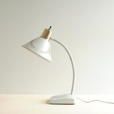 Vintage White Desk Lamp, Mid Century Desk Lamp, Gooseneck Lamp with Gold Laurel Leaf Design, Adjustable Desk Lamp 