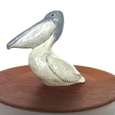 Vintage Ceramic Pelican Figurine, Large Blue And White Speckled Stork Bird, Vintage Beach House Decor 