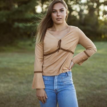 Boho Shirt, Vintage 90s Babydoll Top, Bell Sleeve Shirt, Hippie Top, Cropped, Camel Long Sleeve Top, 1990s Fashion, Faux Suede, Tan 
