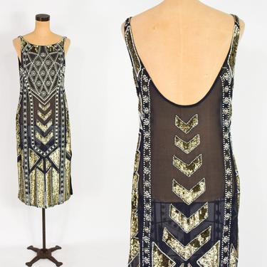 1920s Style Black &amp; Gold Sequin Dress | 1980s Black Beaded Evening Dress | Art Deco Dress | Small 