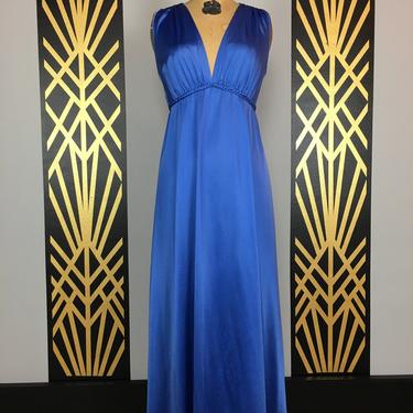 1970s nightgown, blue nylon, vintage nightgown, vanity fair, empire waist, 34 36 bust, braided, 70s lingerie, small medium, sexy, slinky 