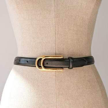 Vintage 90s Ralph Lauren Black Adjustable Skinny Belt w/ Gold Toned Stamped Buckle | 100% Genuine Leather | 1990s RLL Designer Leather Belt 