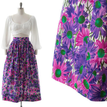 Vintage 1980s Skirt | 80s does 1950s Floral Printed Cotton High Waisted Pink Purple Full Maxi Swing Skirt (medium) 