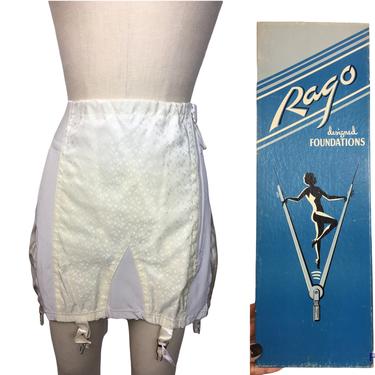 Deadstock 1950s Rago Cross Boned Front 3” Rise 13” Skirt Split Hip Girdle Size 32 Original Box Included 