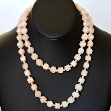 20's rose quartz Art Deco geometric statement necklace, elegant hand carved pink stone polyhedron round beads opera length flapper necklace 