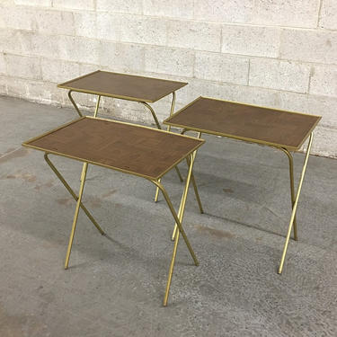 Vintage TV Trays Retro 1960s Mid Century Modern Set of 3 Matching Woodgrain Laminate + Gold Metal Collapsible Tables + MCM Living Room Decor 