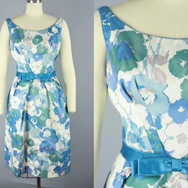 1950s EMMA DOMB Dress | Vintage 50s 60s Floral Cocktail Dress with Bow Waist | small 