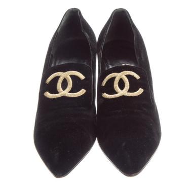 Vintage CHANEL 1993 CC Logo Black Velvet Loafers Heels Pumps It 40.5 / Us 9.5 - 10 