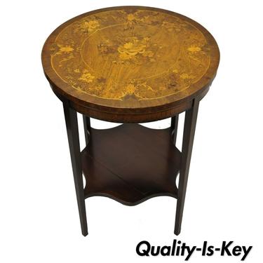 French Edwardian Floral Marquetry Satinwood Inlay Round Accent Side Table