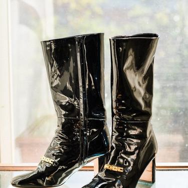 1990s Patent Leather Celine Boots with Chain Detail 