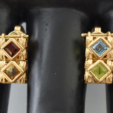 90's Byzantine 14k gold gemstones unusual hinged dangle clip ons, garnet citrine topaz peridot yellow gold bling flip earrings 