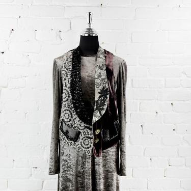 Wearable Art Vest | Handmade Vest | Antique Fabric Vest | 80s Gray Velvet Maxi Dress | CHETTA B | Medium 