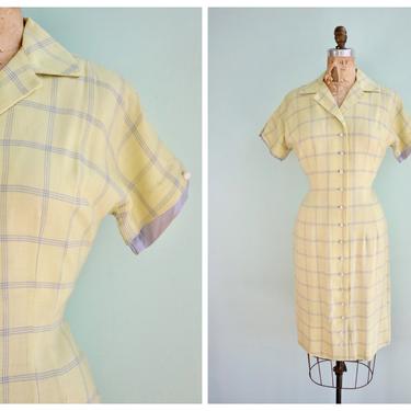 Vintage 1950's Yellow And Grey Linen Plaid Dress | Size Medium 