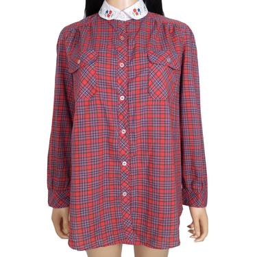 Vintage Plaid Blouse With Embroidered Collar Size M/L 