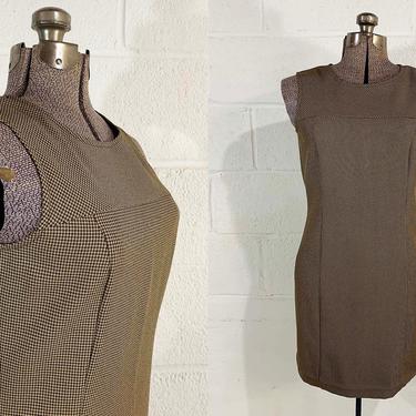 Vintage Sleeveless Dress Houndstooth Pattern 1990s 90s Brown Tan Neutral Boho Summer Sundress Shift United Colors of Benetton Italy Small XS 
