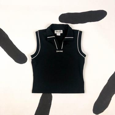 90s Spaulding Cropped Collared Tank Top / Medium / Goth / Club Kid / Cyber / Rave / Sporty / Clueless / Athletic / Black and White / Polo / 