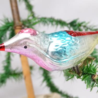 Vintage German Mercury Glass Bird Christmas Clip On Ornament with Spun Glass Tail, Antique Molded Glass, Western Germany 