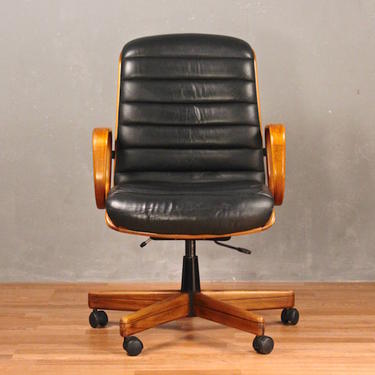 Teak &amp; Leather Rolling Desk Chair – ONLINE ONLY