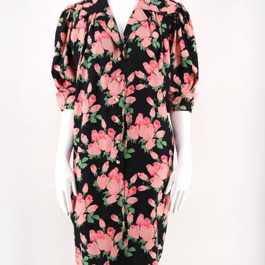 80s UNGARO dress : vintage deep navy floral print silk shift with ruffle hem 1980s size 10 