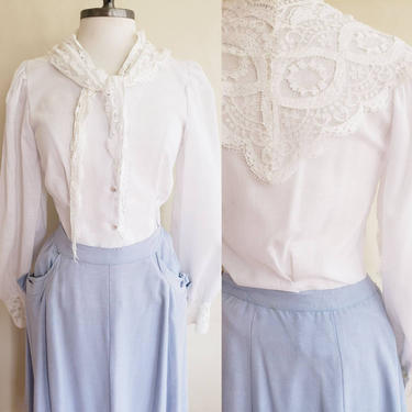 1980s White Blouse with Lace Shawl Collar and Lace Cuffs / 80s Button Down Shirt Puffed Shoulders Neo Edwardian Lisa Evans / S-M 