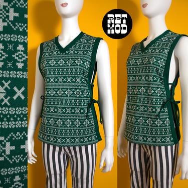 Cool Vintage 60s 70s Green White Nordic Vest Top with Side Lace Up 
