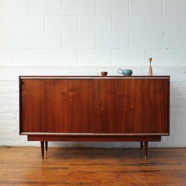 Restored Walnut Credenza with Leather-tabbed Sliding Doors 