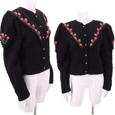 1980s AUSTRIAN folk embroidered black cardigan sweater L / vintage 80s popcorn knit Trachtenstube roses puff shoulder sweater top 44 large 