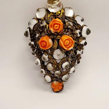 Rare Vintage Hobe Brooch or Pendant pool of light crystals and faux coral carved roses 1930s 1940s 