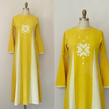 SUNNY SIDE UP Vintage 70s Dress | 1970s Josefa Yellow Embroidered Cotton Maxi Kaftan | Boho Bohemian Mexican Caftan, Folk Hippie, Size Small 