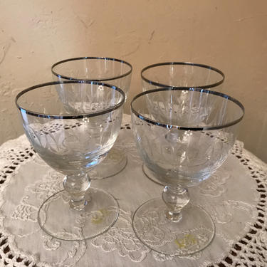 VIntage Set of Four Silver Trimmed Cocktail Cordial Glasses Etched Design-Nice condition 