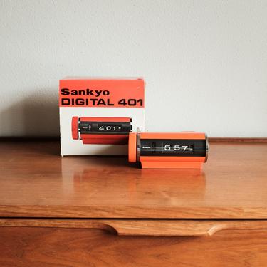 Vintage Sankyo Model 401 Flip Alarm Clock - Retro Orange design, Original Box, Working and Fully Restored Condition, Made in Japan 
