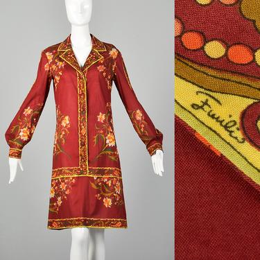 Small Emilio Pucci Dress 1960s Red Floral Paisley Printed Tunic Long Sleeve Lightweight Dress 