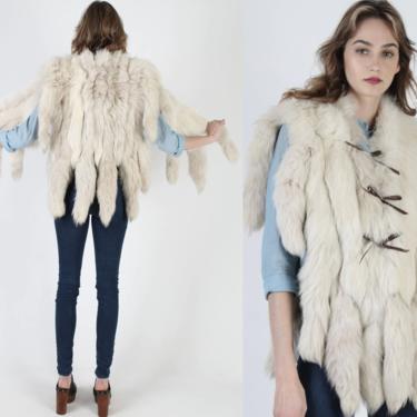 Vintage 70s Fox Tail Vest / Real Arctic White Fox Fur Jacket / Plush 10&amp;quot; Tails Fringe / Adjustable Side Tie Bohemian Coat 