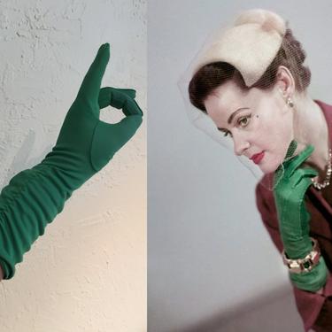 Perhaps He Was Worth the Effort - Vintage 1950s Grass Green Green Mid Arm Ruched Gloves - 7/7.5 