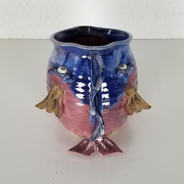 Vintage Art Fish Shape Pottery Vase . 