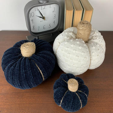 Handmade sweater pumpkins, set of 3, navy velour &amp; cream 