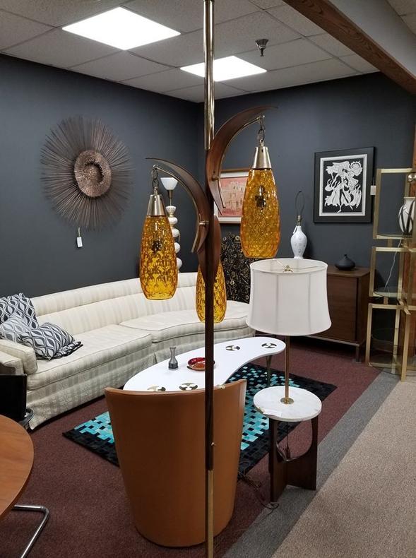 Mid-Century Modern tension pole lamp with amber globes