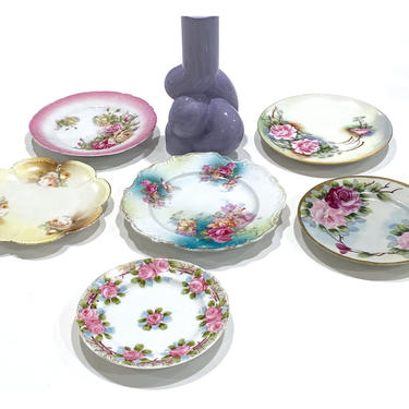 6 Vintage Hand Painted Floral Plates in Pink Blue and Yellow 