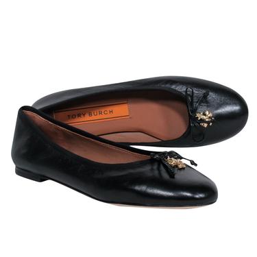 Tory Burch - Black Leather Ballet Flats w/ Bow &amp; Gold Logo Charm Sz 8