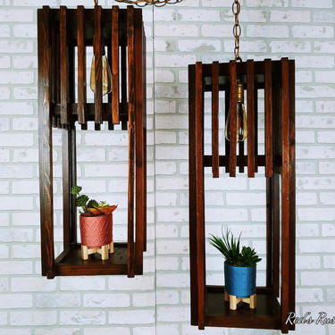 Pair of Retro Wood Mission Style Frank Lloyd Wright Style Chain Hanging Swag Lamps 