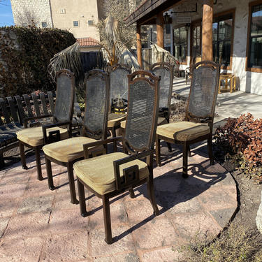 Mid-Century Hollywood Regency, Chinoiserie James Mont Style, Set of Six High Cane Back Dining Chairs with Greek Key Accents 