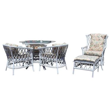 Contemporary Modern White Wicker Rattan Patio Dining Set Table Chairs Ottoman 