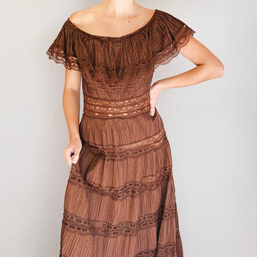 1970's Chocolate Brown Cotton and Lace Prairie Off The Shoulder Dress 