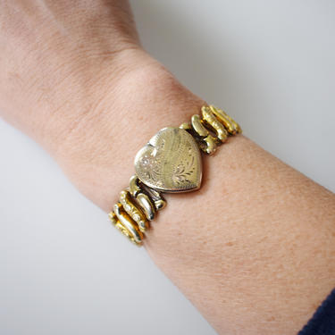 Vintage 1940s Gold Sweetheart Expansion Bracelet | Adjustable Heart Charm Bracelet WWII | Victorian Revival 