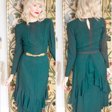 1940s Dress // Sis Barclay Dark Green Crepe Dress // vintage 40s dress 