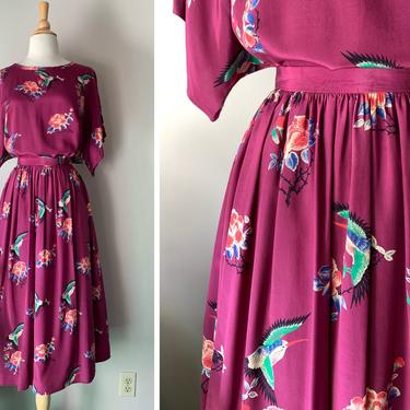 Vintage 1980s Purple Silk Rose Bird Print Skirt and Blouse Set Dress | Size Small 