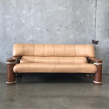 Pacific Green Leather and Wood Sofa