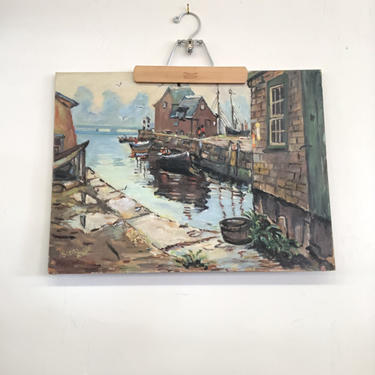Free Shipping Within US - Vintage signed waterfront scenic mid century modern painting art 